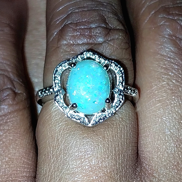 Elegant Blue 925 Silver Opal Ring Sz 6